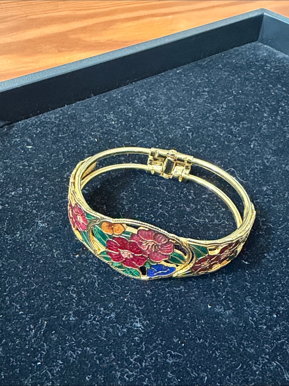 Floral Cloisonné Gold-Tone Hinged Bangle Bracelet